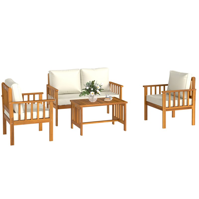 Outsunny 4 Piece Garden Furniture Set, 4 Seater Acacia Wood Patio Conversation Set with 2 Chairs, Loveseat, Thick Cushions and Coffee Table, Slat Design, Teak
