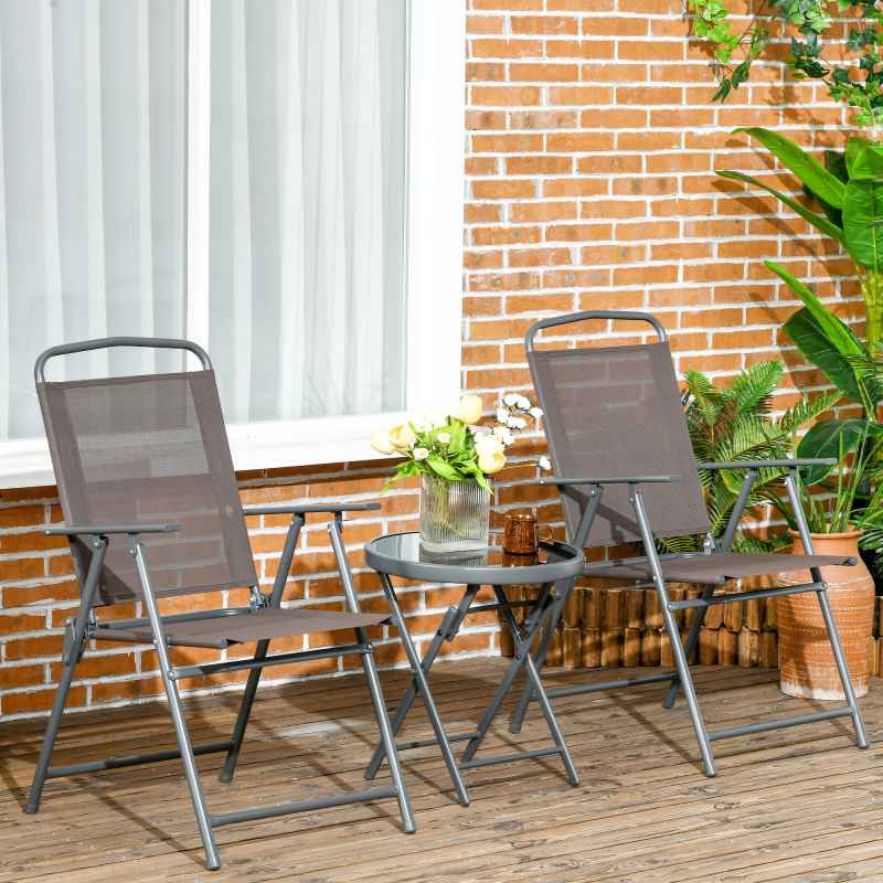 Outsunny Garden Bistro Set, 3 Pieces Table and Chairs Set, Outdoor Garden Furniture with Foldable Breathable Mesh Fabric Armchairs & Glass Top Coffee Table, Brown