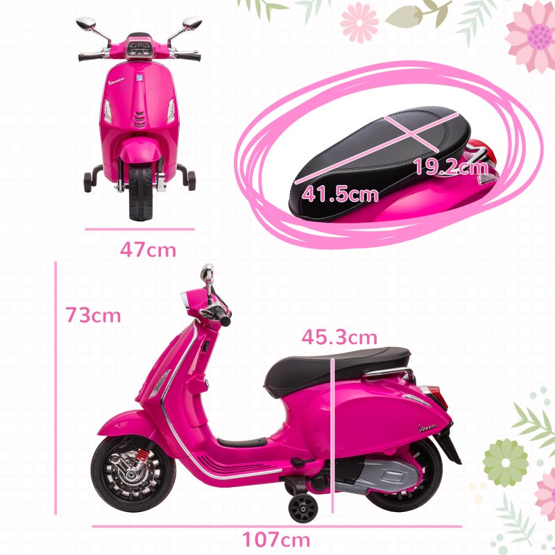 AIYAPLAY Vespa Licensed 12V Kids Electric Motorbike, Kids Ride on Motorcycle with Music, Headlight, MP3, FM Radio, Two Training Wheels, for 3-6 Years - Pink