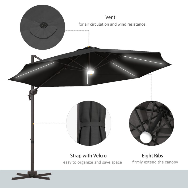Outsunny 3(m) Cantilever Roma Parasol Garden Sun Umbrella Outdoor Patio with 360 Rotation Crank & Tilt Aluminium Frame LED Solar Light Cross Base, Dark Grey