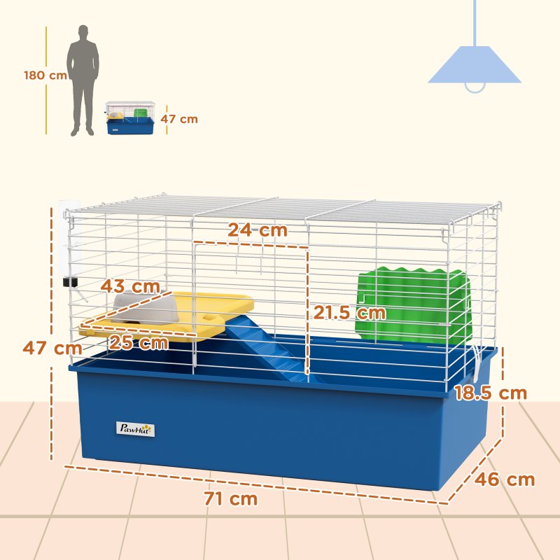 PawHut Guinea Pig Cage Chinchillas Rabbit Small Animal Cage with Ramp, Dish, Water Bottle, 71 x 46 x 47cm, Blue