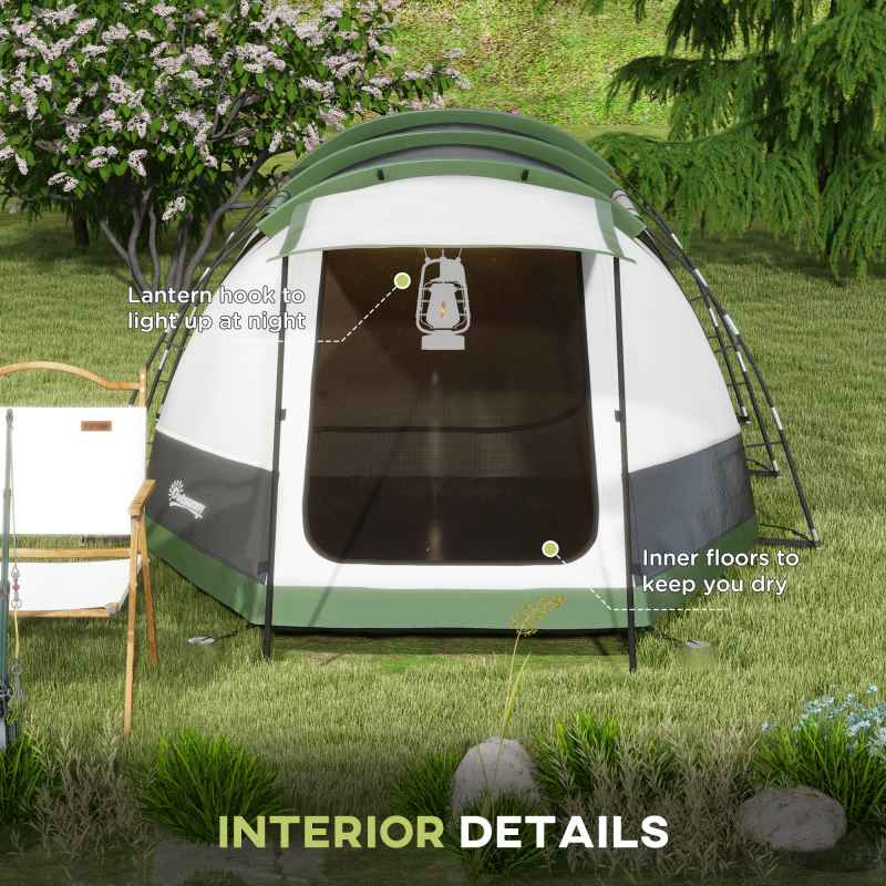 Outsunny 3-4 Man Camping Tent, Tunnel Tent with Bedroom, Living Room and Porch, 2000mm Waterproof, Portable with Bag, for Fishing Hiking Festival, Green