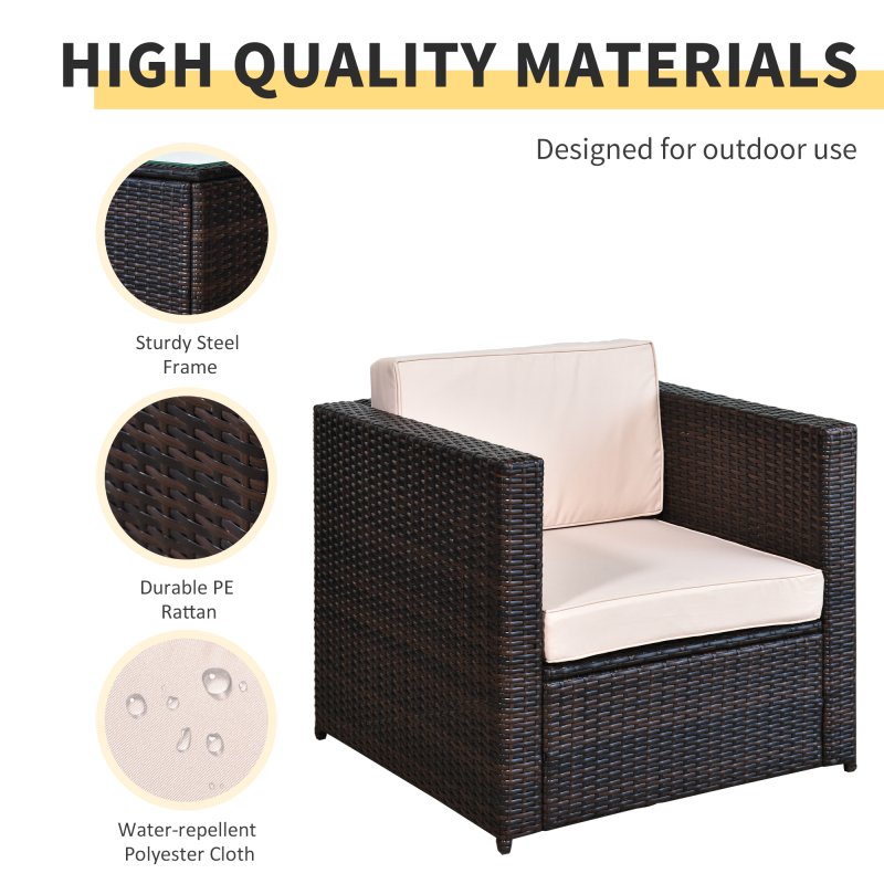 Outsunny 3 Pieces Rattan Bistro Set, Wicker Garden Furniture Set with Glass Top Coffee Table and Chairs, Thickened Washable Cushions for Outdoor, Patio, Balcony, Brown