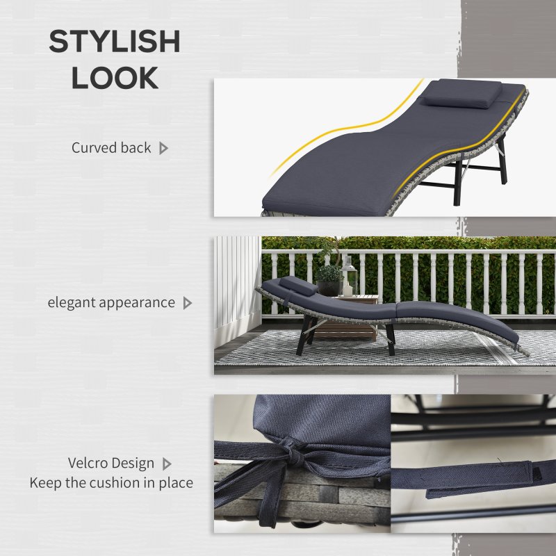 Outsunny Folding Rattan Sun Lounger, Wicker Garden Lounger with Cushion and Pillow, Outdoor Sunbed with Steel Frame for Patio, Beach, Terrace, Grey