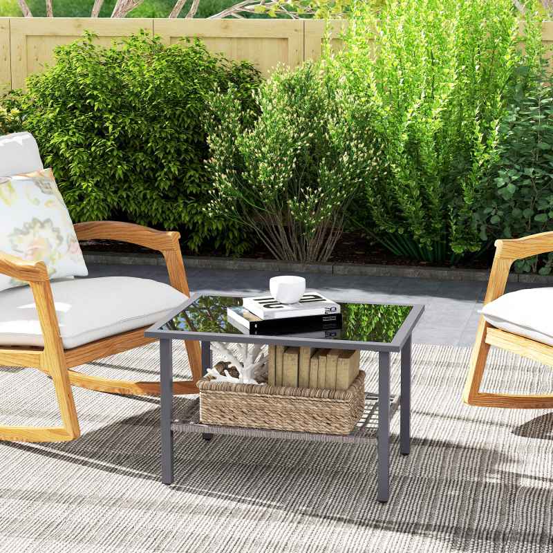 Outsunny Outdoor Rattan Coffee Table, Rectangular Tea Side Table with Tempered Glass Top, Storage Shelf, Foot Pads, Garden Furniture for Patio, Balcony, Mixed-grey