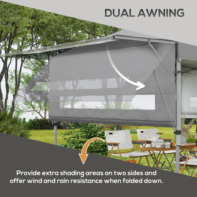 Outsunny 3 x 3(m) Pop Up Gazebo with Extend Dual Awnings, 1 Person Easy up Marquee Party Tent with 1-Button Push, Double Roof, Wheeled Bag, Sandbags, Height Adjustable Instant Shelter, Grey