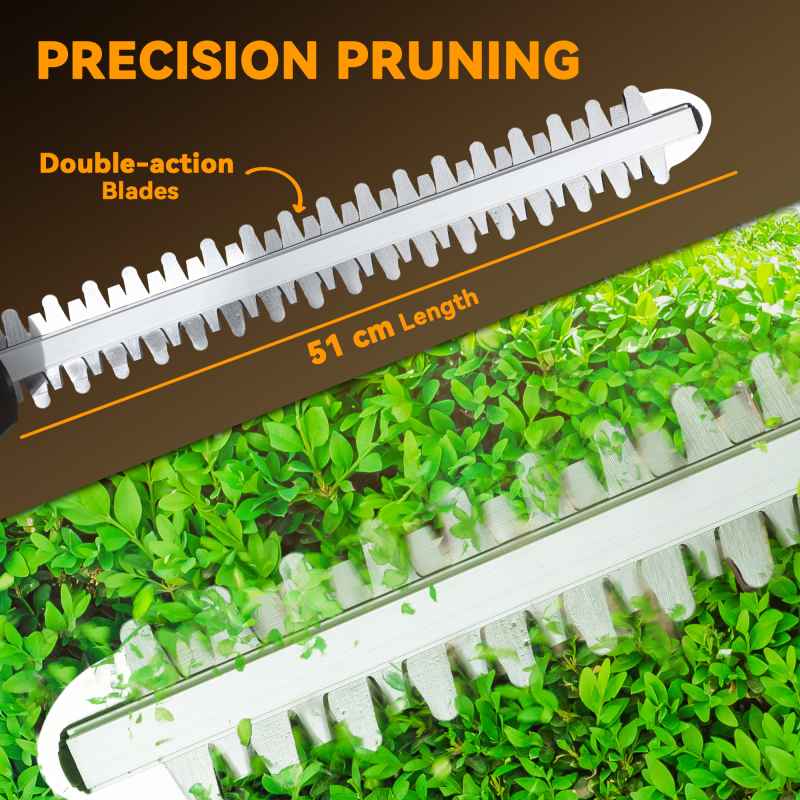Outsunny 20" Cordless Hedge Trimmer, 18V Electric Hedge Cutter with 51cm Dual Action Blade, 2 x 4000mAh Batteries and Brushless Motor for Garden Branches, Shrubs, Twigs, Orange
