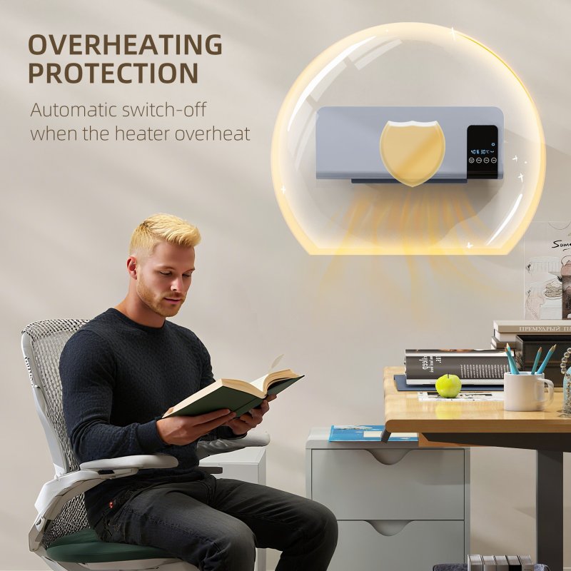 HOMCOM Electric Heater, 2000W Wall Mounted Ceramic Space Heater with Remote Control, 2 Modes, Timer, Oscillation, Overheat Protection for Home, Grey