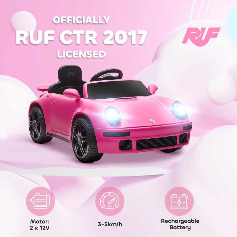 AIYAPLAY Licensed RUF CTR 2017 Electric Car for Kids, Ride On Car 12V Battery Powered Kids Electric Vehicle with Remote Control, Soft Start, MP3 Player, LED Lights, Horn, Pink