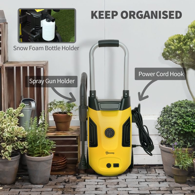 Outsunny 1800W High Pressure Washer, 150 Bar Pressure, 420 L/h Flow, Portable Power Washer Jet Wash Cleaner with Adjustable Nozzle, 6M Hose, Steel Handle for Home Patio Car Driveway, Yellow