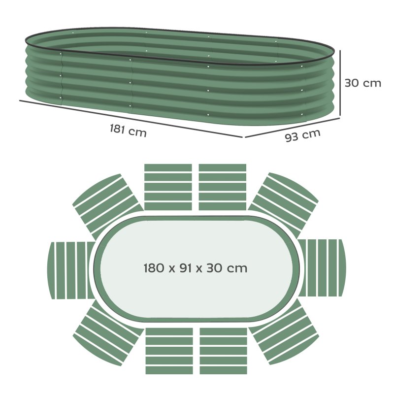 Outsunny Set of 2 Raised Beds for Garden, Outdoor Galvanised Planter Box with Plant Support Stakes, Rubber Strap Edging and Bottomless for Flower, Vegetable, 181 x 93 x 30 cm, Green