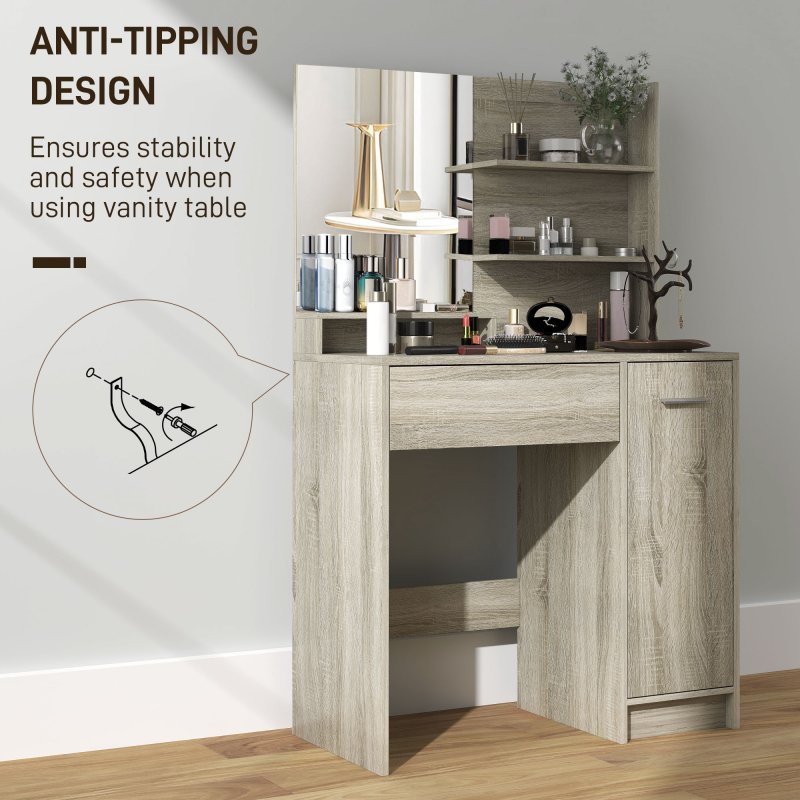 HOMCOM Dressing Table with Mirror and Stool, Vanity Table, Modern Makeup Desk with Drawer, Storage Cabinet and Adjustable Shelf for Bedroom, Natural Wood Finish