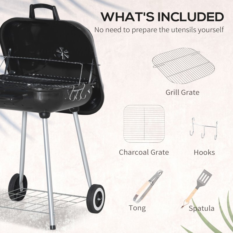 Outsunny Portable BBQ Charcoal Grill with 2 Wheels and Cooking Utensils, Smoker Grill with Lid for Outdoor Barbecues, Camping, Picnic, Courtyard