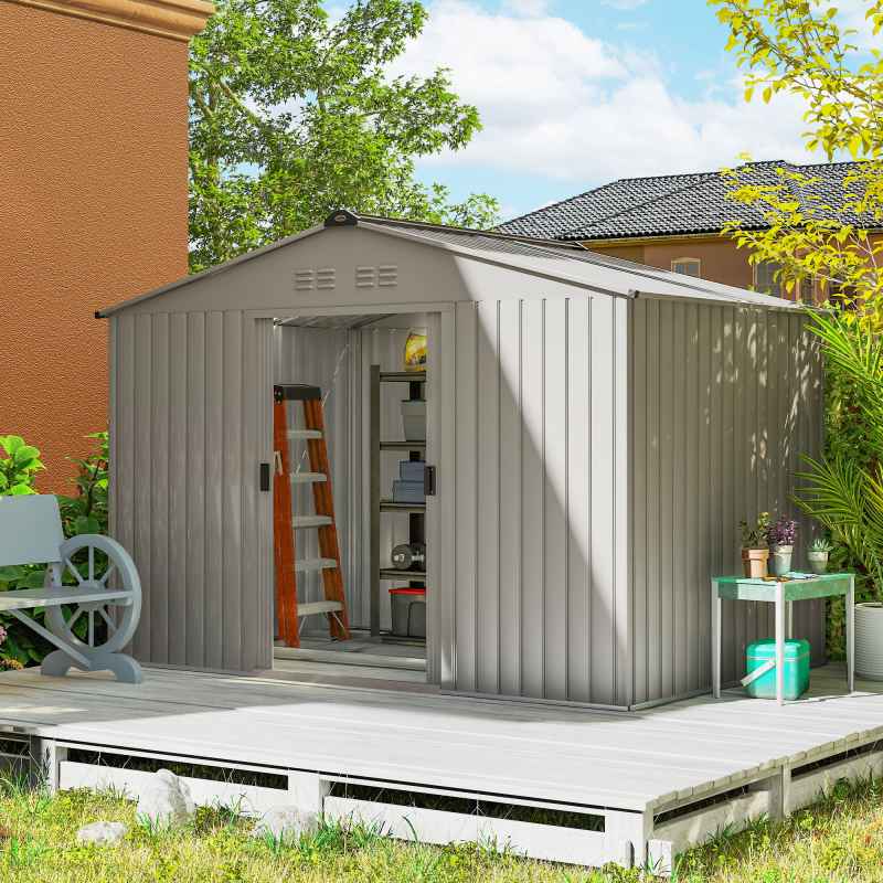 Outsunny 9 x 6ft Metal Garden Shed, Outdoor Storage Tool House with Ventilation Slots, Foundation Kit and Lockable Double Doors, Silver Grey