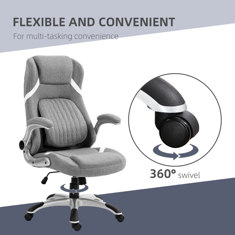 Vinsetto High Back Executive Office Chair, Fabric Office Desk Chair with Flip-up Armrests, Adjustable Lumbar Support and Tilt Function, Grey