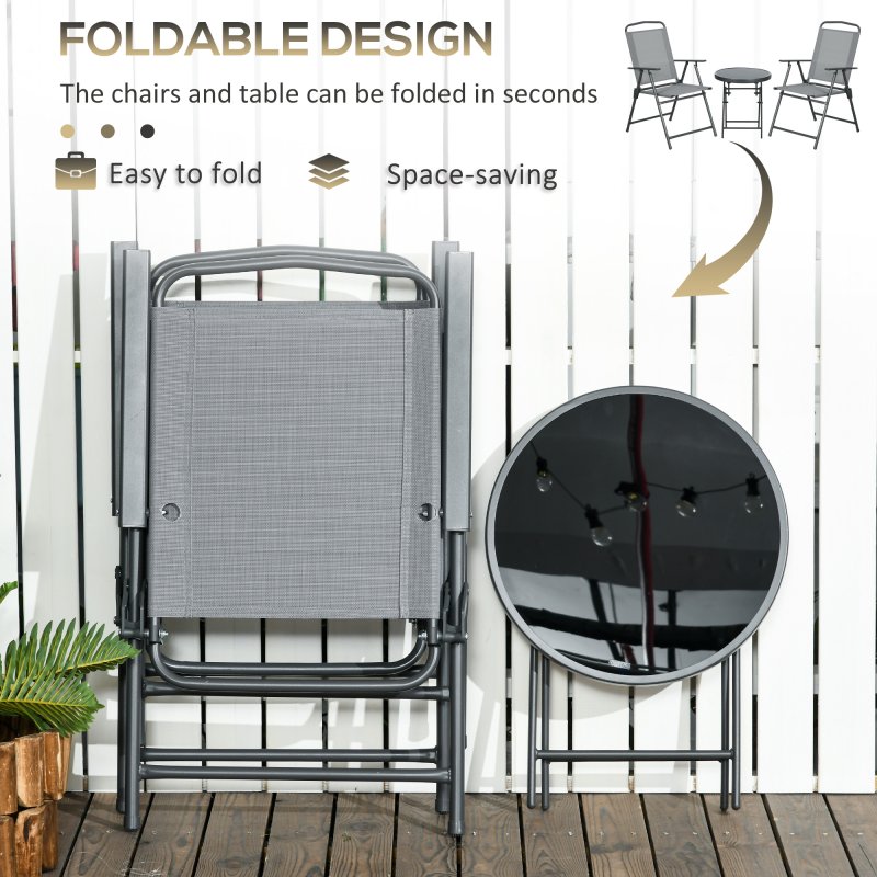 Outsunny Garden Bistro Set, 3 Pieces Table and Chairs Set, Outdoor Garden Furniture with Foldable Breathable Mesh Fabric Armchairs & Glass Top Coffee Table, Light Grey