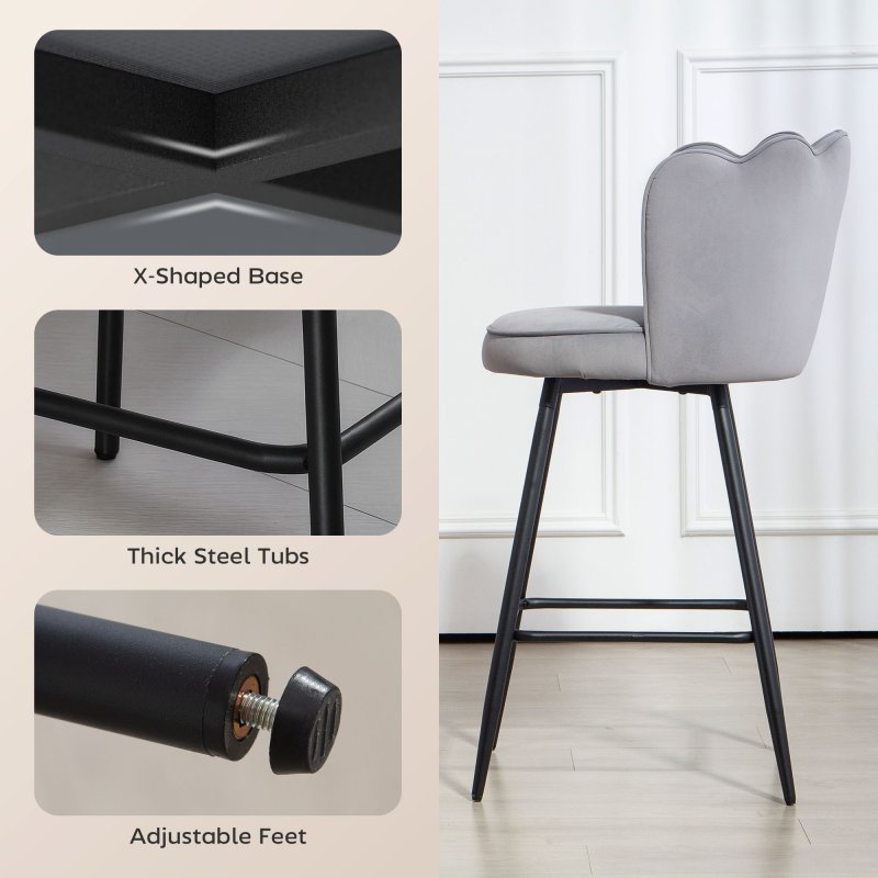 HOMCOM Bar Stools Set of 2, Modern Velvet-Feel Barstools with Petal Backrest and Footrest, Upholstered Breakfast Bar Chairs with Metal Legs for Kitchen Island Counter, Dining Room, Grey