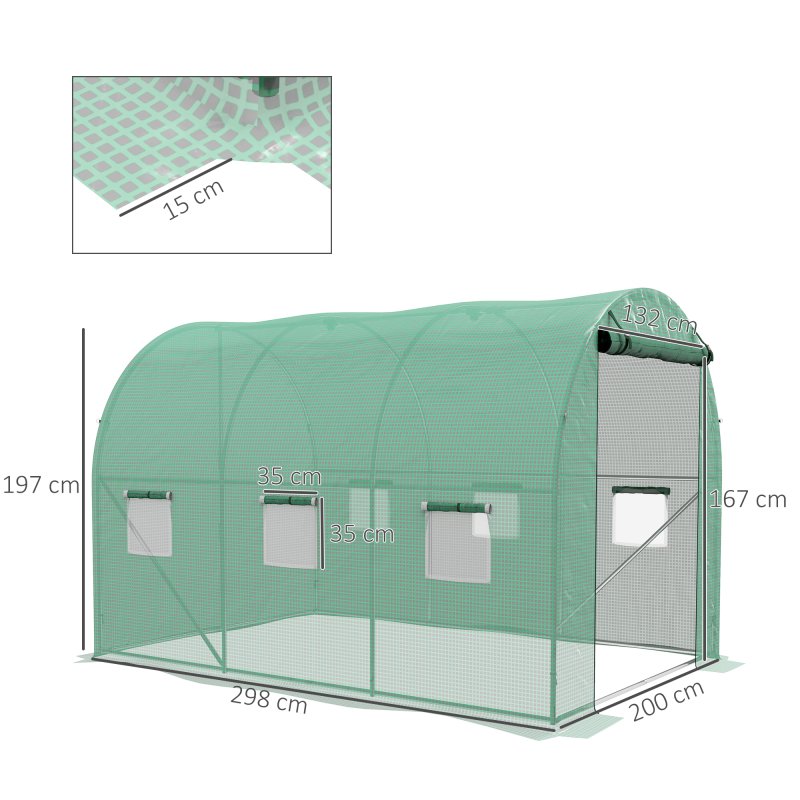 Outsunny 3 x 2(m) Polytunnel Greenhouse with Sprinkler Irrigation System, Walk-in Green House for Garden with Wide Roll-up Door, 6 Mesh Windows, Galvanised Steel Frame, Green