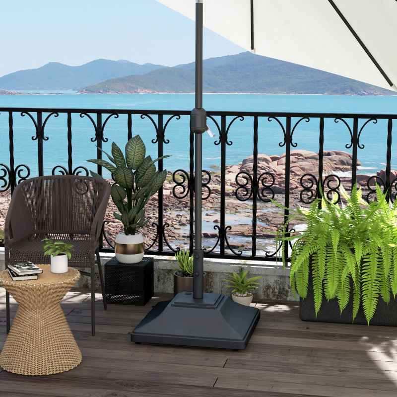 Outsunny Square Parasol Base with Wheels, 45kg Water or 60kg Sand Filled, Heavy Duty HDPE Umbrella Stand with Double Adjustable Knob, Fillable Parasol Stand for 38mm and 48mm Poles, Black