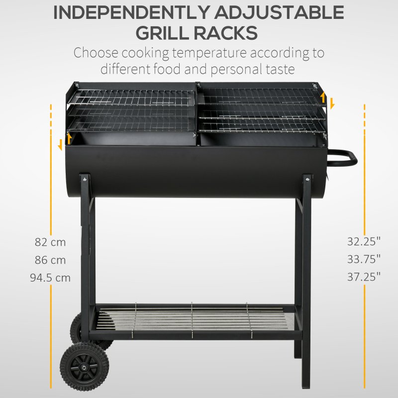 Outsunny Trolley Charcoal BBQ Barbecue Grill Cooker with 3-Level Adjustable Height Grill Nets, Patio Outdoor Garden Heating Heat Smoker with Wheels, 90 x 45 x 96 cm, Black