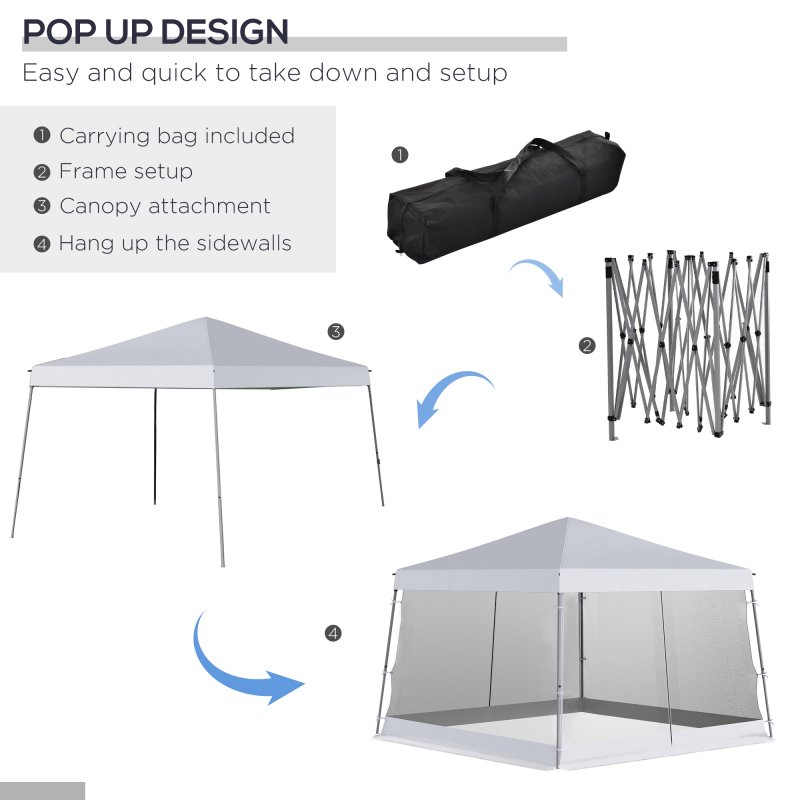 Outsunny Outdoor Garden Pop-up Gazebo Canopy Tent Sun Shade Event Shelter Folding with Adjustable Height, Mesh Screen Side Walls 3.5 M 3.5 M Base / 3 M 3 M Top, White
