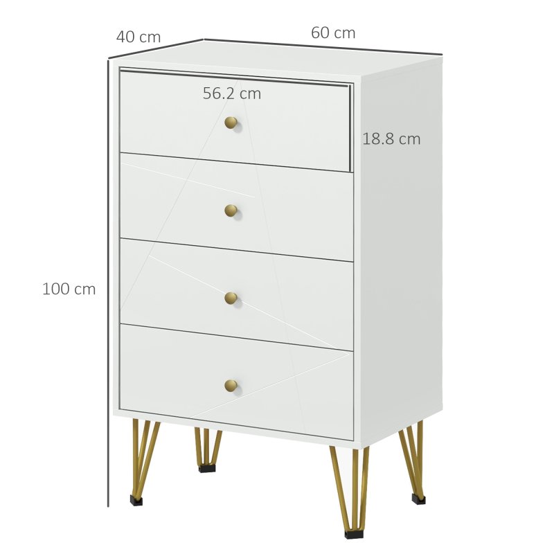 HOMCOM Bedroom Chest of Drawers, Tallboy 4-Drawer Dresser, Modern Storage Drawer Unit with Hairpin Legs, White