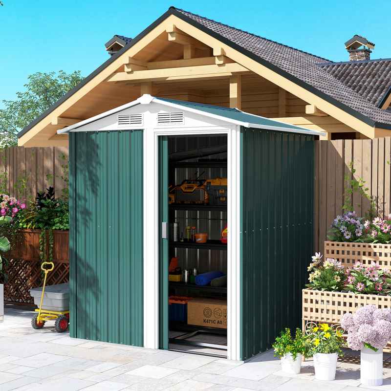 Outsunny 5ft x 4ft Garden Shed, Metal Tool Storage Shed with Sliding Door, Sloped Roof and Foundation Kit for Garden, Patio, Green