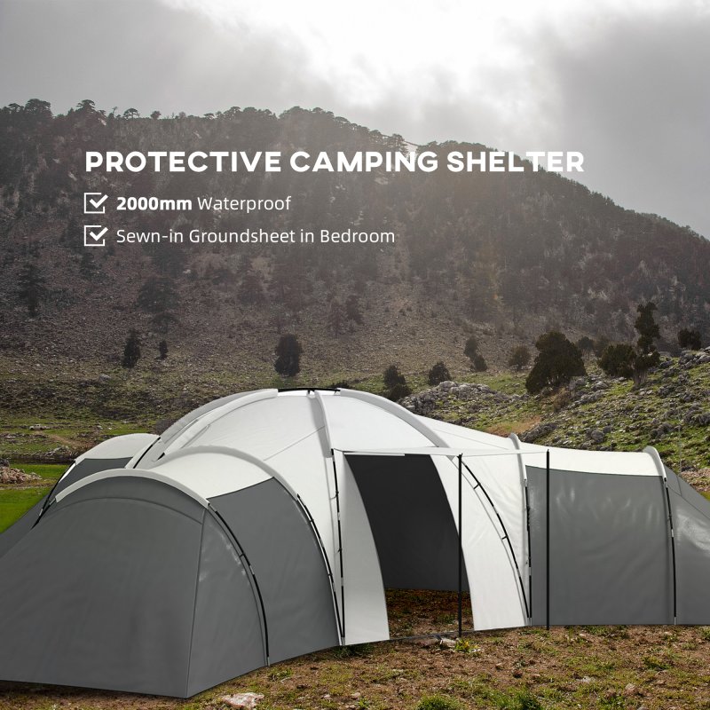 Outsunny 6-9 Man Large Tunnel Tent with 3 Bedroom, Living Area and Porch, 2000mm Waterproof Camping Tent, Portable with Bag, for Fishing Hiking Festival, Dark Grey