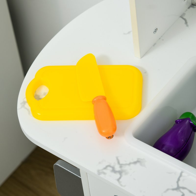 AIYAPLAY Wooden Play Kitchen Kids Toy Kitchen Playset Role Playing Game with Lights, Sounds, Apron and Chef Hat, Ice Maker, Microwave, Range Hood, Utensils, Cuttable Food, for Ages 3-6 Years - White