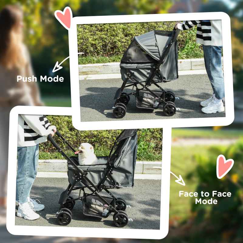 PawHut Dog Stroller, Pet Stroller, Foldable Dog Cat Travel Pushchair with Reversible Handle, EVA Wheels, Brake, Basket, Adjustable Canopy, Safety Leash, for Small Dogs, Grey