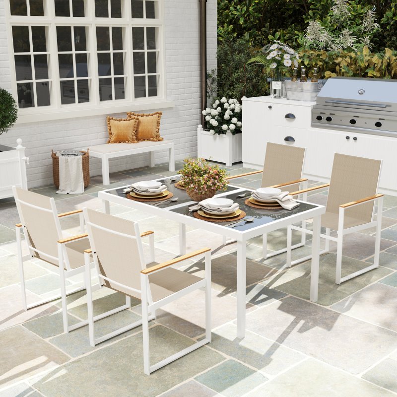 Outsunny 5 Piece Garden Table and Chairs, Outdoor Dining Set with Tempered Glass Table Top, 4 Armchairs with High Backrest, 4 Seater Garden Furniture Set for Deck, Balcony