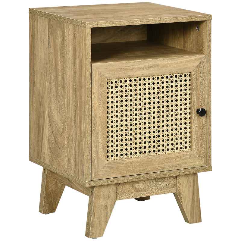 HOMCOM Bedside Table Nightstand with Storage Shelf and Door Cupboard, Side End Table with  Rattan Element for Living Room, Bedroom, Natural