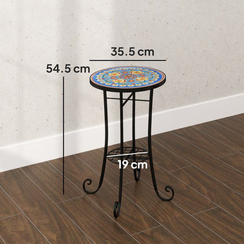 Outsunny Mosaic Garden Table, 35.5 cm Round Outdoor Table with Shelf, Ceramic Tile Top, Small Garden Side Table Bistro Table End Table Plant Stand for Indoor, Patio, Balcony, Blue