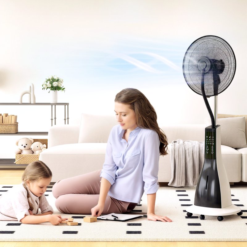 HOMCOM Pedestal Fan with Water Mist Spray, Spray Misting Fan with 75° Oscillation, Remote Control, Tilt Head, 3 Speeds, 3 Modes, 3 Mist, 3L Water Tank, Wheels, for Home, 125 cm