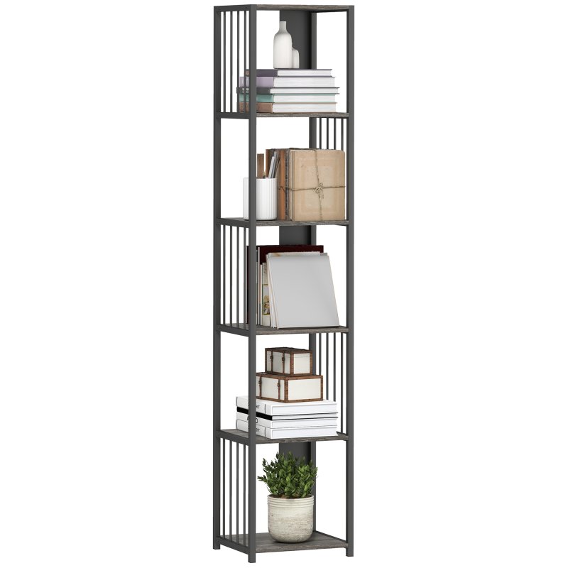 HOMCOM 5-Tier Bookshelf, Modern Tall Bookcase with Steel Frame, Freestanding Display Storage Unit for Living Room, Bedroom, Study, Home Office, Grey