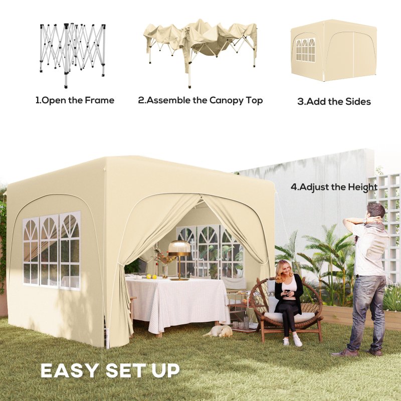 Outsunny 3 x 3(m) Pop Up Gazebo with Sides and Carry Bag, UPF50+, Height Adjustable Party Tent Instant Event Shelter for Garden, Outdoor, Patio, Sand
