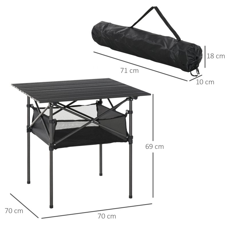 Outsunny 70cm Aluminum Roll-Top Table w/Mesh Bag Camping Outdoor Dining Foldable w/Steel Frame Picnic Lightweight Hiking Furniture Desk, Black
