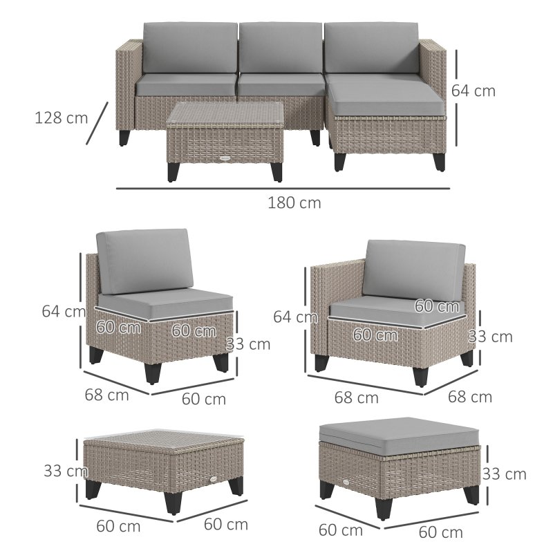 Outsunny 5 Pieces PE Rattan Garden Furniture Set, 4 Seater Garden Corner Sofa Set with Glass Coffee Table, Wicker Outdoor Furniture Set with Cushions for Patio Deck, Brown