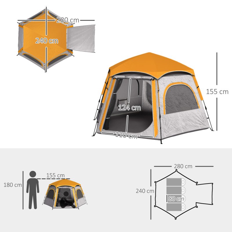 Outsunny Instant Pop Up Camping Tent, 2/3/4 Person Easy Setup Dome Family Tent with Vestibule, Rainfly, 4 Mesh Windows & 2 Doors, Hexagonal Design, Waterproof & UV Protected, Light Grey