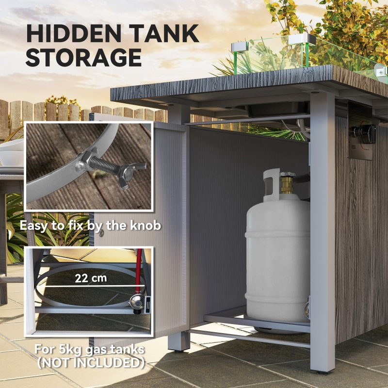 Outsunny Propane Gas Fire Pit Table for Garden, 50000 BTU Smokeless Firepit Outdoor Heater with Waterproof Cover, Glass Screen, Glass Beads and Lid, Wood Effect, 109 x 56 x 63cm, Dark Grey