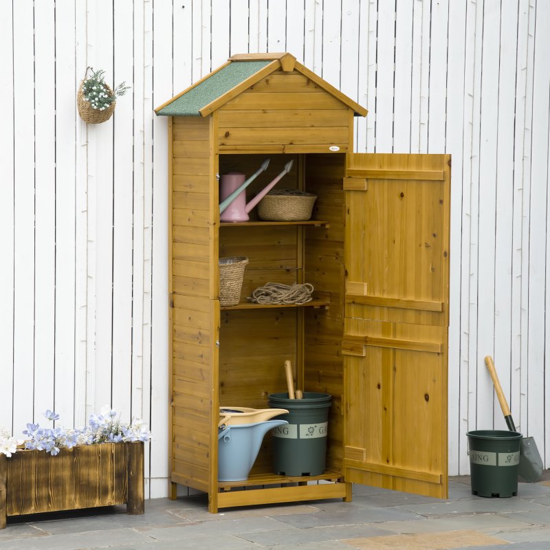 Outsunny Wooden Garden Storage Shed Utility Gardener Cabinet w/ 3 Shelves, Tilted-felt Roof and Two Lockable Doors, 79cm x 49cm x 191.5cm, Natural wood effect