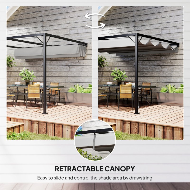 Outsunny 3 x 3(m) Outdoor Lean To Pergola Retractable Canopy Wall Mounted Gazebo Patio Shelter Sun Shade, Grey