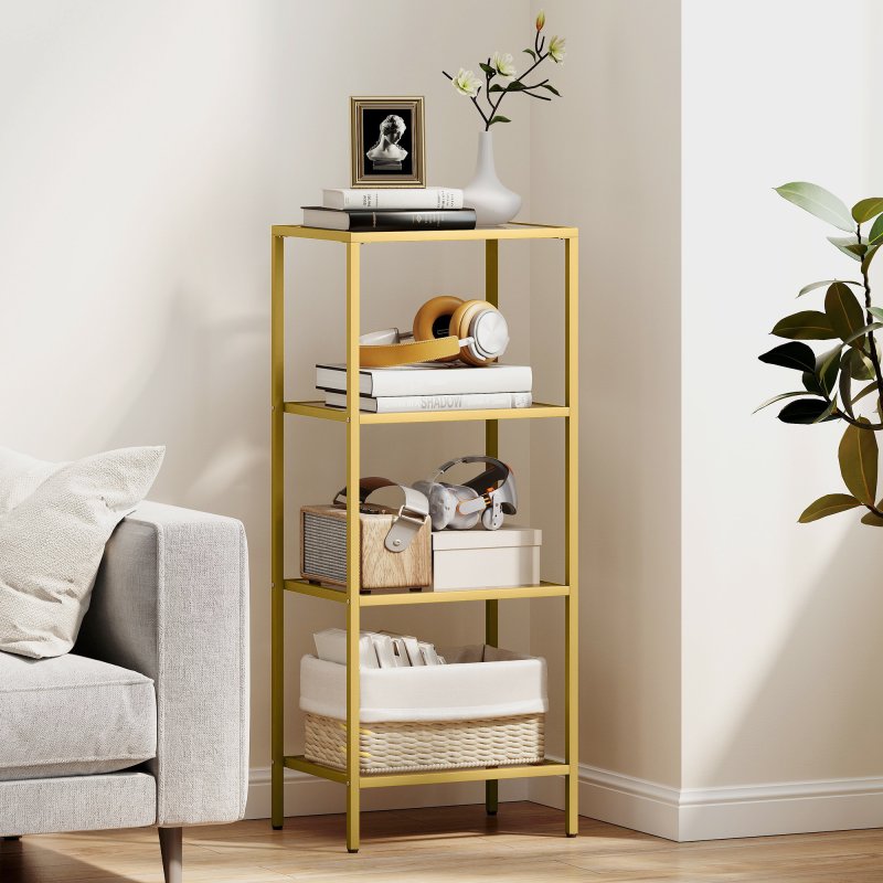 HOMCOM 4-Tier Shelving Unit, Modern Glass Shelf, Bookshelf, Storage Rack for Living Room, Home Office, Bedroom, Bathroom, 40 x 30 x 97 cm, Gold Tone