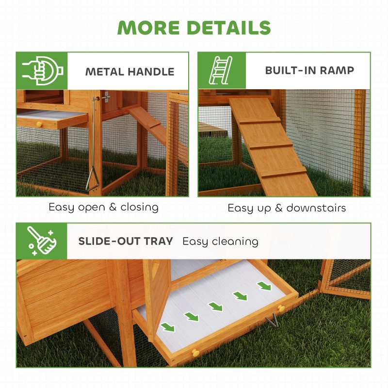PawHut Chicken Coop with Run Outdoor, Wooden Hen House, Poultry Coop with Nesting Box, Slide-out Tray, Ramp, Perches, Asphalt Roof, 179 x 67 x 115cm