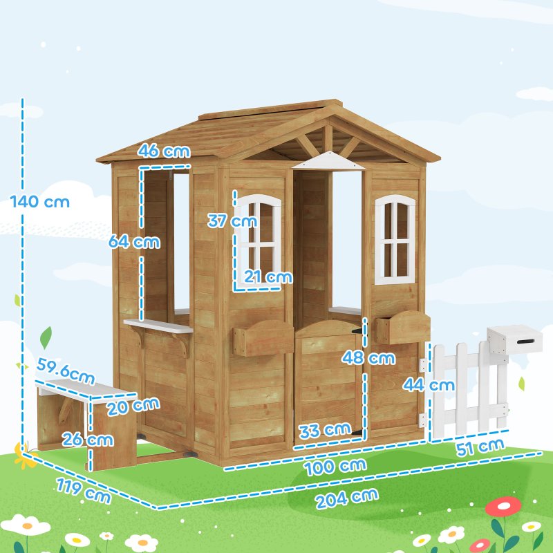 Outsunny Wooden Playhouse for Kids Outdoor Wendy House with Door, Windows, Mailbox, Flower Pot Holder, Serving Station, Bench for Children, Toddlers, Yellow