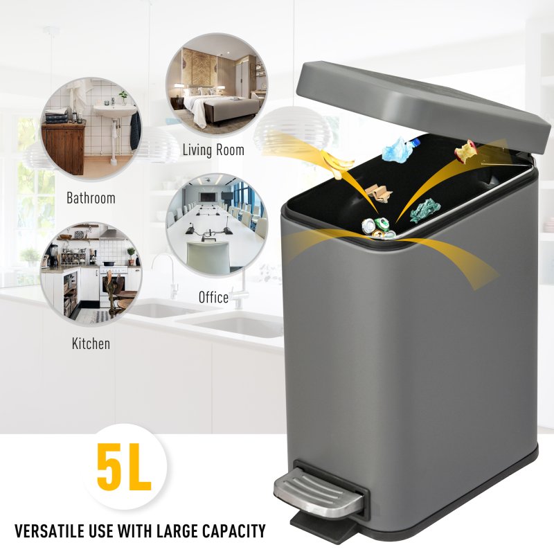 HOMCOM 5L Rectangular Compact Bin Steel Body Removable Bucket Quiet-Close Lid w/ Pedal Lid Rubbish Trash Can Home Office Bedroom Bathroom Living Room Garbage Tidy Clean 