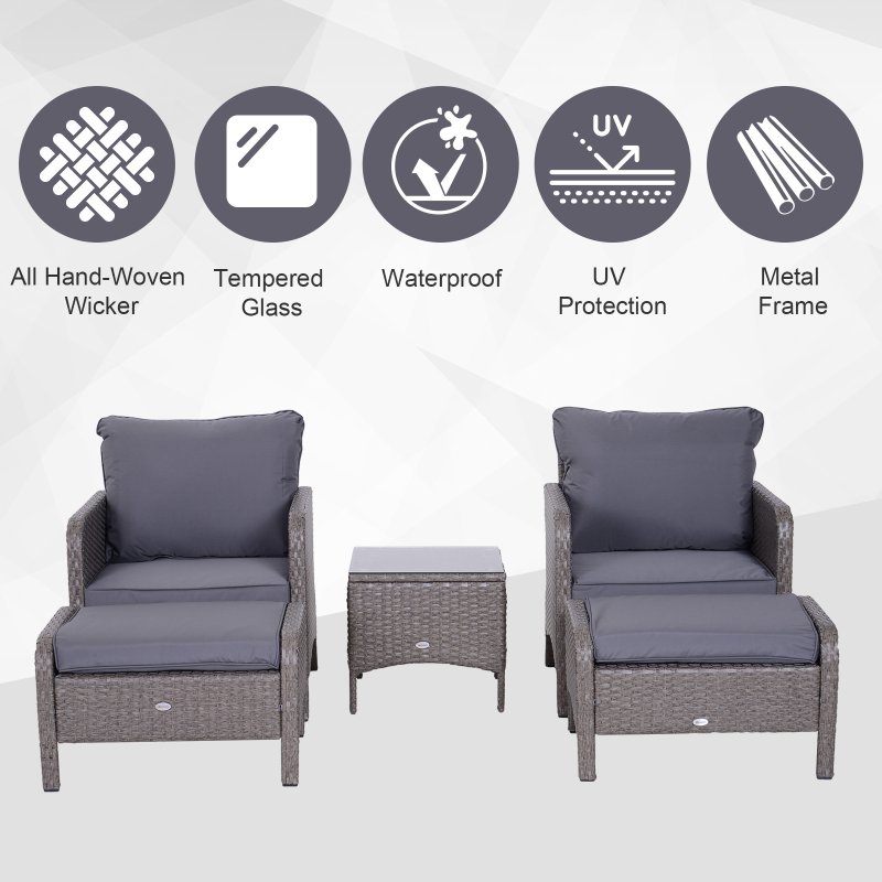Outsunny 5 Pieces PE Rattan Garden Furniture Set with 10cm Thick Padded Cushions, Wicker Weave Outdoor Seating Chairs with 2 Armchairs, 2 Stools, Glass Top Table, Grey