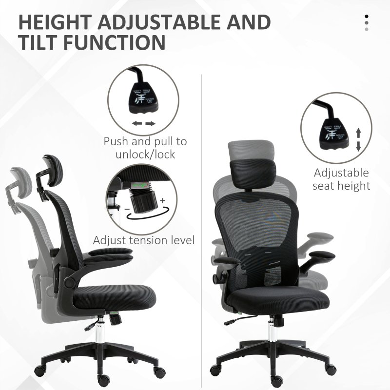 Vinsetto High Back Office Chair, Mesh Computer Desk Chair with Rotatable Headrest, 4D Lumbar Support, Flip-up Arm, Adjustable Height, Black