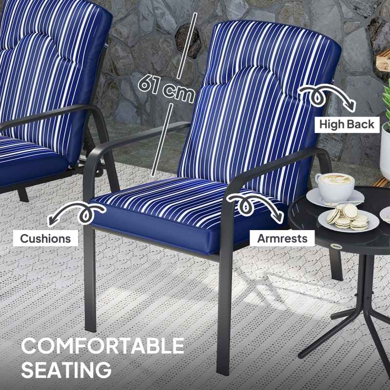 Outsunny 3-Piece Patio Bistro Set, 5-Position Adjustable Recliner Garden Chairs and Tempered Glass Table, Garden Furniture Set with Cushions, High Back, Armrests, Metal Frame for Balcony Patio, Blue