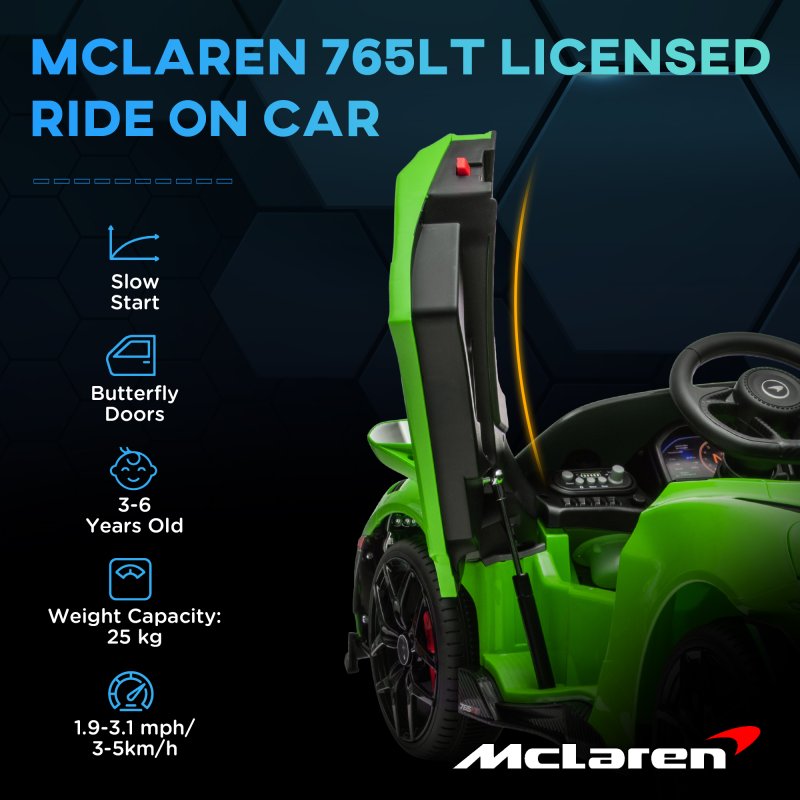 AIYAPLAY McLaren 765LT Licensed Electric Car for Kids with Butterfly Doors, 12V Kids' Electric Ride on with Remote Control, Transport Wheels, LED Lights, MP3 Music, Horn, for 3-6 Years, Green